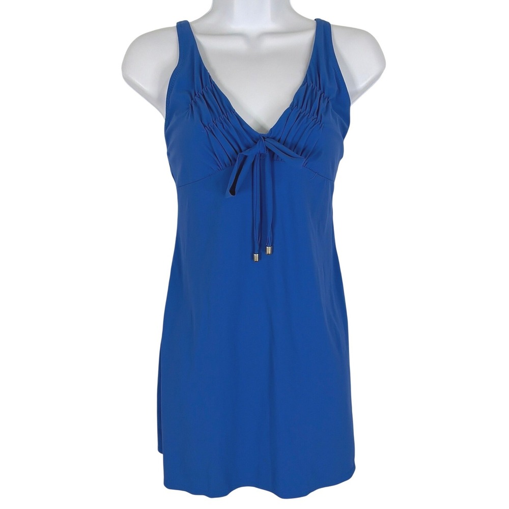 SHAN Womens Swim Dress Resort Vacation Pool Party Ruched‎ Tie Front Royal Blue 6